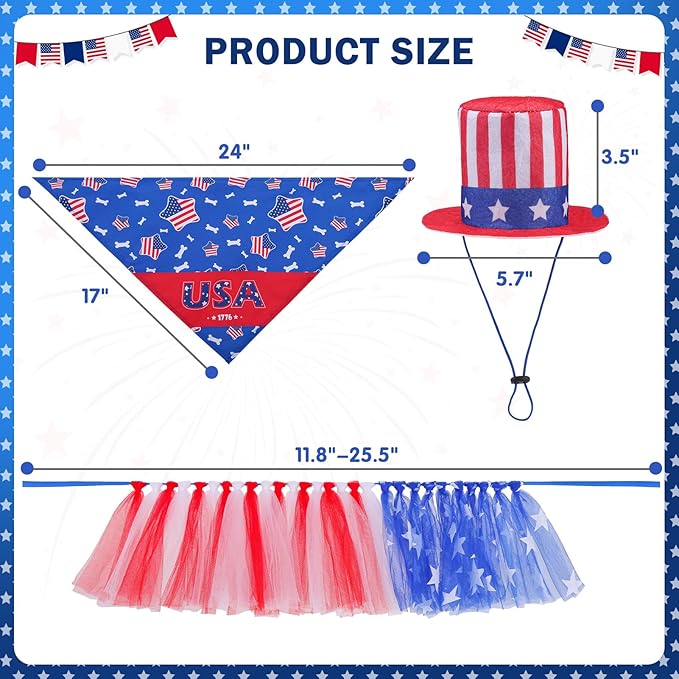 SCENEREAL Independence Day Dog Bandana with Hat and Dress Girl Set, Puppy Birthday Party Supplies, Cute Tutu Skirt Blue Outfit for Small Medium Dogs