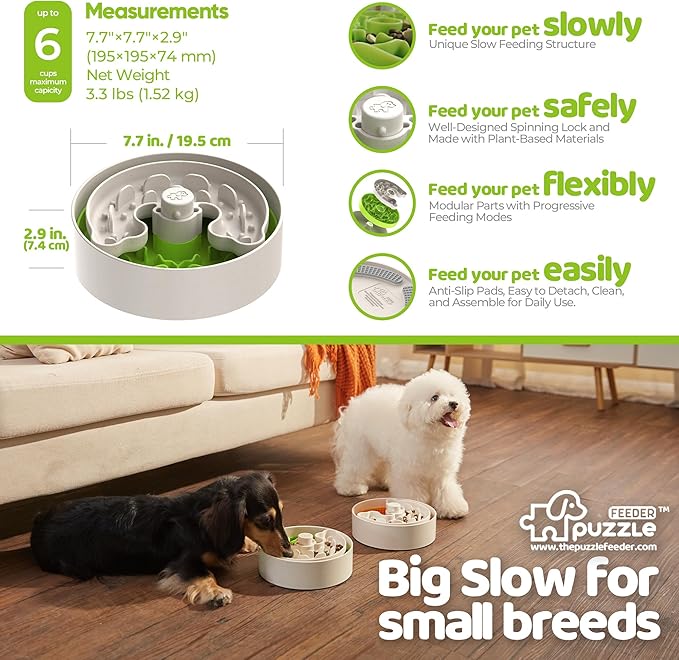 Slow Feeder Dog Bowl for Puppies with Non-Slip Base - Adjustable Speed Design, Removable Puzzle Inserts & Dishwasher Safe, Green