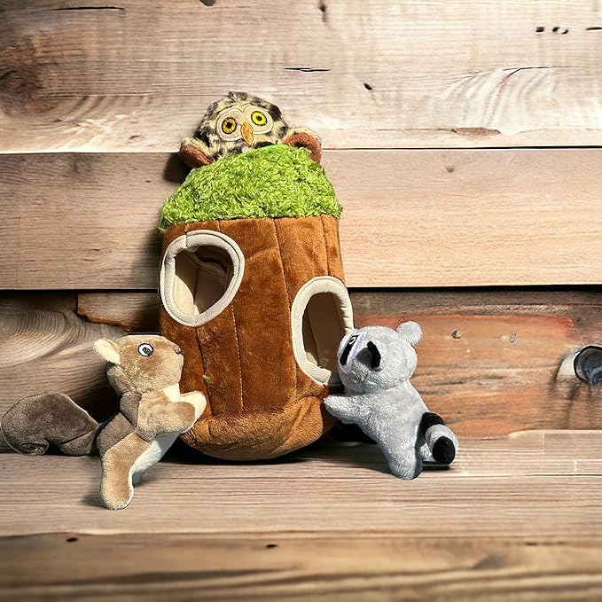 Interactive Animal in Tree Hide & Seek Toy, Plush Squirrel, Raccoon & Owl Inside, Small & Medium Dogs