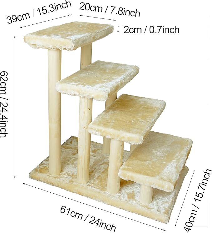 Wooden pet Stairs 4-Step pet Ladder cat Dog Easy Stairs with Detachable Carpet for high Bed and Couch (Beige)