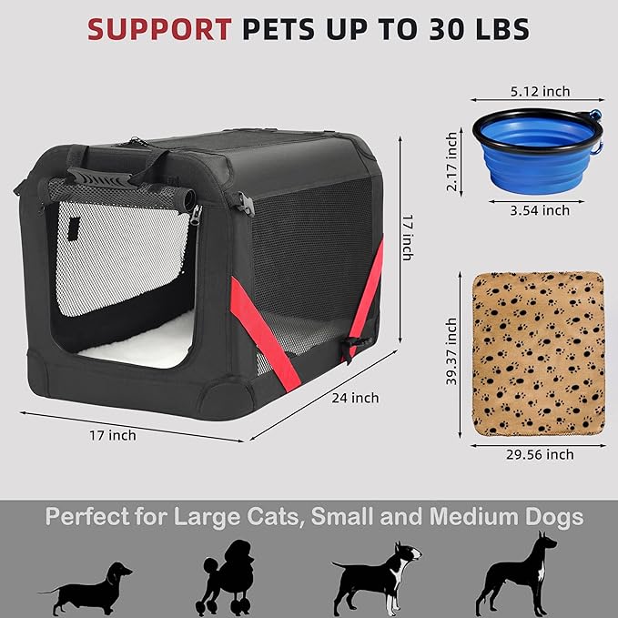 Petprsco Extra Large Cat Carrier for 2 Cats Small Medium Dogs,Soft Sided Pet Carrier 24x17x17 for Car Travel with Collapsible Litter Box, Warm Blanket, Foldable Bowl and Washable Pad