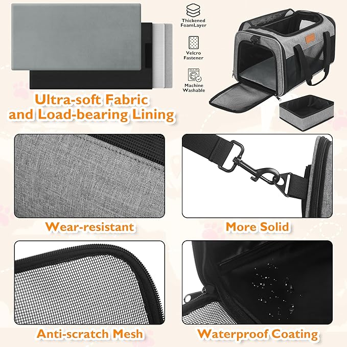 PETUX TSA Approved Pet Carrier in Cabin, 17"x11"x9.5" Soft Cat Carriers for Small Cats and Dogs Up to 15 LB, Top-Open Portable Pet Carrier Airline Approved with Litter Box and Anti-Scratch Mesh, Grey