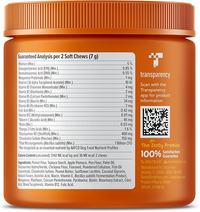 Zesty Paws Multivitamin Treats for Dogs, Glucosamine Chondroitin Joint Support + Digestive Enzymes & Probiotics, Grain Free Dog Vitamins and Supplements for Skin & Coat, Peanut Butter - 90ct