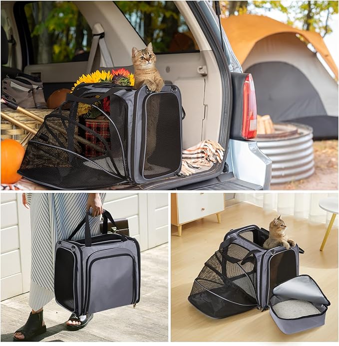Cat Travel Carrier with Litter Box, Expandable Cat Carrier for Car Travel, Soft Sided Pet Carrier for Cats/Puppies up to 20lbs, Grey