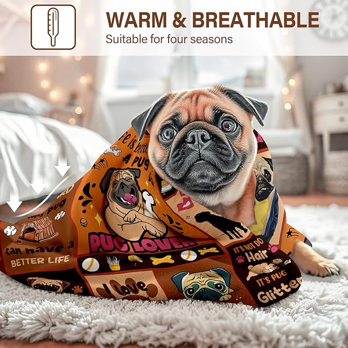 Pug Gifts for Pug Lovers Women Girl Kids, Birthday Gift Ideas for Women Men, Dog Blanket for Sofa Couch Room, Soft Animal Theme Throw Blankets 50"x 60"