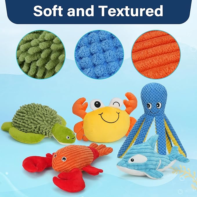 Dog Toys, 5 Pack, Plush Dog Squeaky Toys, Assortment Bundle Ocean Animal Pet Toy for Small Medium Large Dogs, Stuffed Puppy Chew Toy, Doggy Birthday Gift