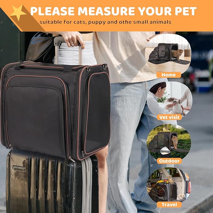 Cat Travel Carrier with Litter Box, Expandable Cat Carrier for Car Travel, Soft Sided Pet Carrier for Cats/Puppies up to 20lbs, Black
