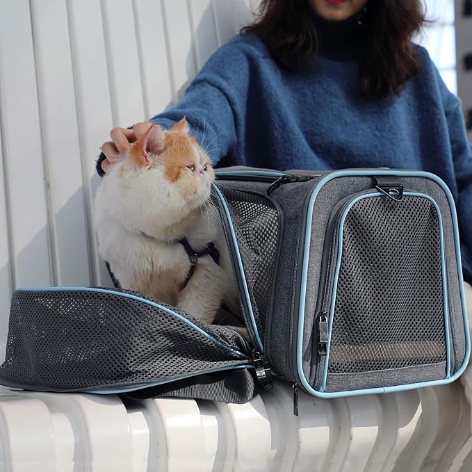 Petsfit Expandable Cat Carrier Dog Carriers,Airline Approved Soft-Sided Portable Pet Travel Washable Carrier for Kittens,Puppies,Removable Soft Plush mat and Pockets,Locking Safety Zippers