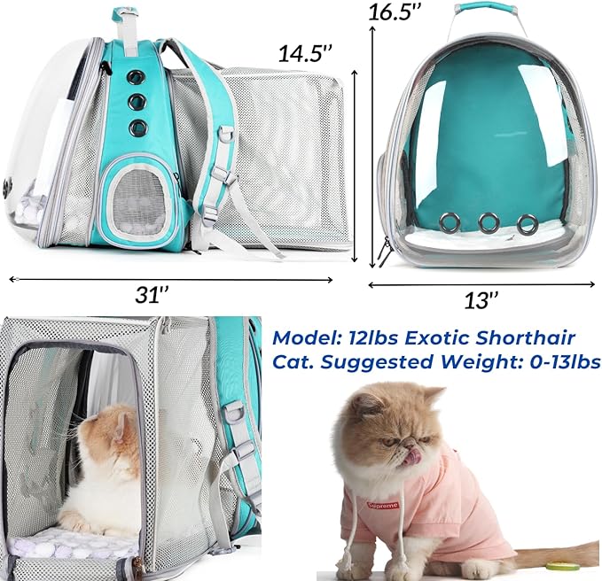 Lollimeow Cat Carrier Backpack, Bubble Dual Expandable Backpack Carrier, Pets and Small Dogs,Airline-Approved, Designed for Travel, Hiking, Walking & Outdoor Use (Dual Expandable-Green)