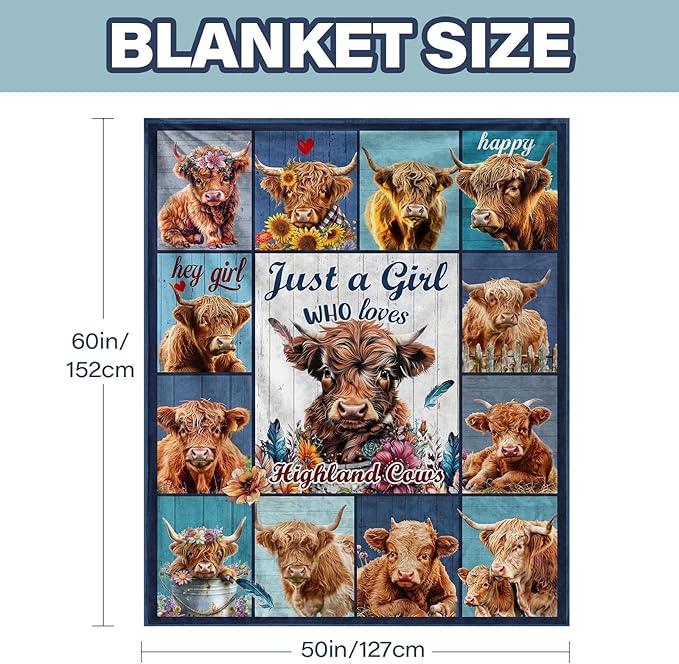 Highland Cow Blanket, Just A Girl Who Love Highland Cow Gifts Blanket for Women, Cute Throw Blanket for Girl Kids on Sofa Couch Bed Room 50"x 60"