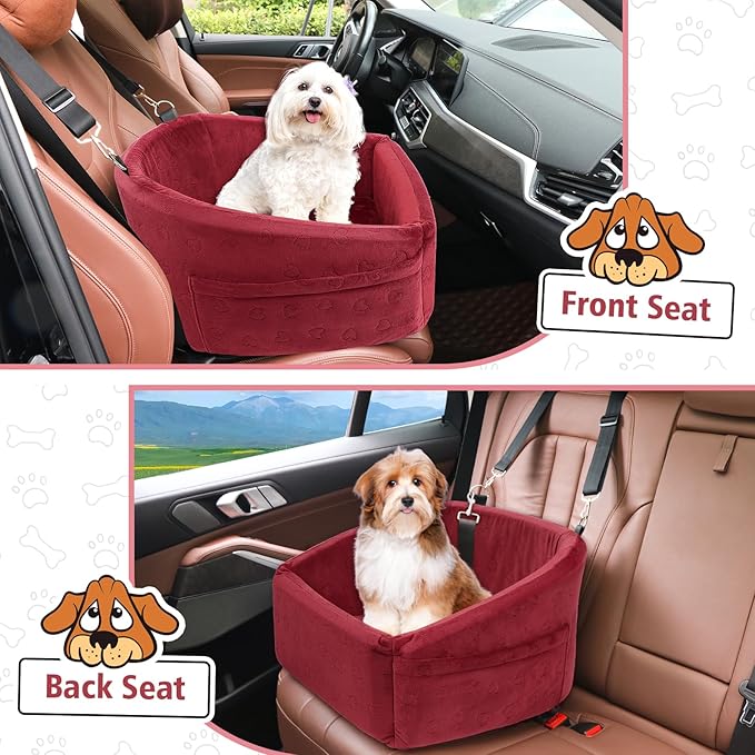 Dog Car Seat for Small Medium Dogs,Detachable Washable Dog Booster Seat Under 30lbs, Pet Car Seats Travel Bed with Storage Pockets and Safety Belt(Red)