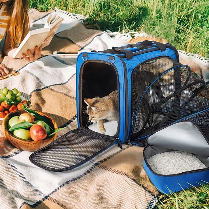 Cat Travel Carrier with Litter Box, Expandable Cat Carrier for Car Travel, Soft Sided Pet Carrier for Cats/Puppies up to 20lbs, Blue