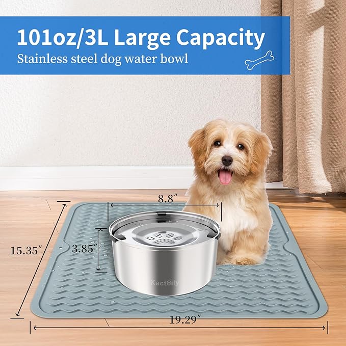 3L Large Capacity Stinless Steel Dog Water Bowl and Waterproof Silicone Dog Food Tray, Slow Down Drinking Pet Water Bowl