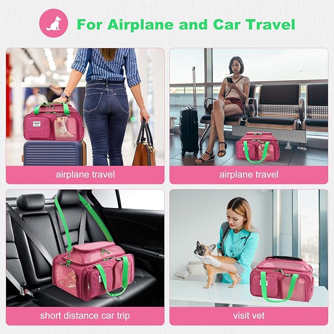 19x13x9 TSA Approved top Expandable pet Carrier for Small Dog Puppy cat up to 12 lbs Weight and 18'' Length, for Southwest Spirit Canada Airlines(Pink)