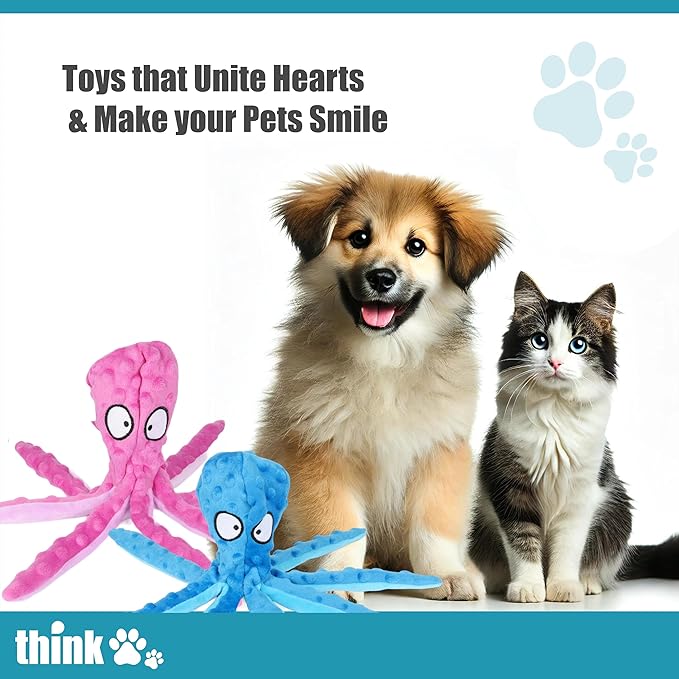 Think Pets Crinkle Squeaky Plush Octopus Toys for Playing & Training Purposes. Entertain Your Dog/Cat with These Plushie Stuffing-Free Interactive Toys, a Perfect Blend of Fun & Functionality