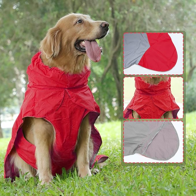 Dog Raincoat with Harness Built in,Outdoor Waterproof Puppy Rain Jacket for Large Dogs,Adjustable Waist by Strap Doggie Rain Coats,Red XL