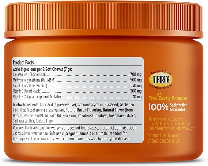 Zesty Paws Hip and Joint for Dogs, Glucosamine for Dogs Hip and Joint Supplement with Chondroitin, MSM, Vitamins C & E - Bacon, 50 Count