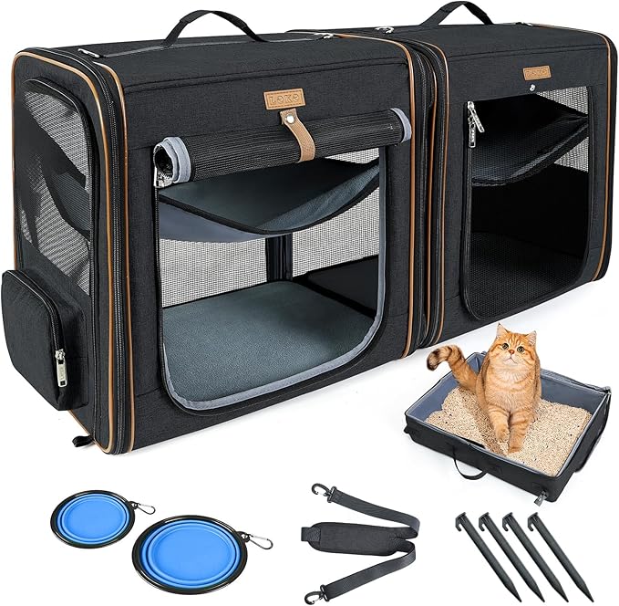 Lekereise 2-in-1 Large Cat Carrier for 2 Cats up to 45 Lbs, (20.85"*2)*19.7"*19.7" Car Travel Carrier with Litter Box, Bowl, and Locking Zipper - Black