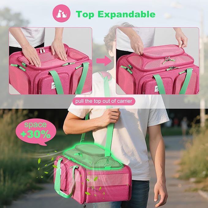 19x13x9 TSA Approved top Expandable pet Carrier for Small Dog Puppy cat up to 12 lbs Weight and 18'' Length, for Southwest Spirit Canada Airlines(Pink)