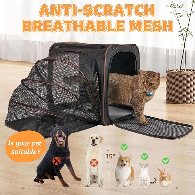 Cat Travel Carrier with Litter Box, Expandable Cat Carrier for Car Travel, Soft Sided Pet Carrier for Cats/Puppies up to 20lbs, Black