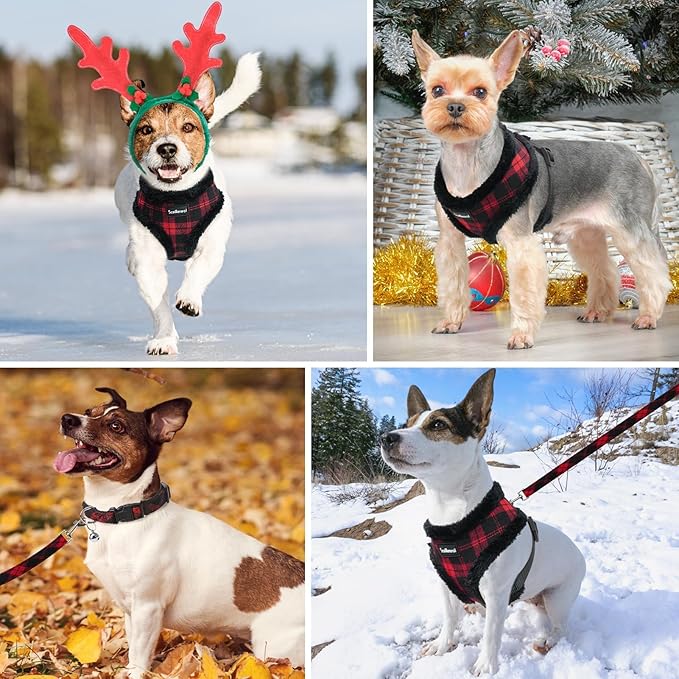 SCENEREAL Small Dog Harness Collar and Leash Set, Warm Fleece No Pull Puppy Vest Harness, Christmas Dog Outfit No Chock Adjustible Step in Pet Halter for Outdoor Walking Training, Red Plaid M