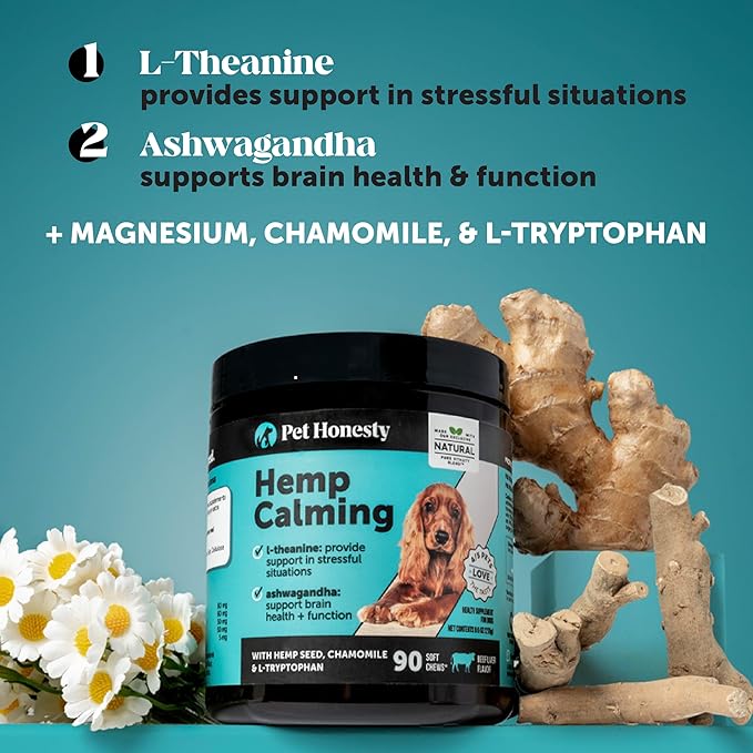 Pet Honesty Natural Hemp Calming Chews for Dogs - Dog Anxiety Relief - Calming Aid Supplement with Valerian Root, Chamomile, + Magnesium - Stress, Separation & Thunder Support - (Chicken, 90 Count)