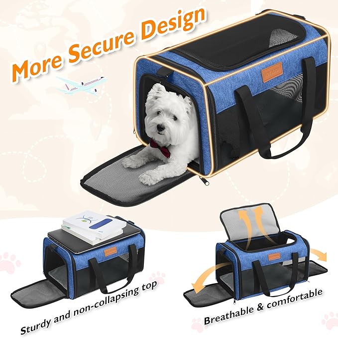 PETUX TSA Approved Pet Carrier in Cabin, 17"x11"x9.5" Soft Cat Carriers for Small Cats and Dogs Up to 15 LB, Top-Open Portable Pet Carrier Airline Approved with Litter Box and Anti-Scratch Mesh, Blue