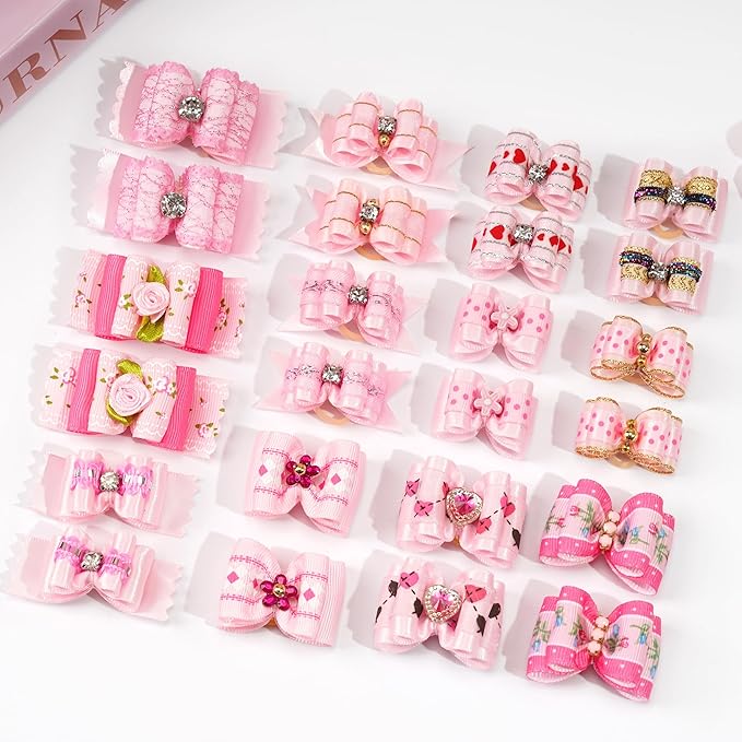 Yxiang 24PCS Dog Hair Bows, Pink Cute Dog Hair Bows Yorkie Puppy Bows with Rubber Band Pet Grooming Bows Colored Polka Dot Dog Hair Accessories for Small Dogs