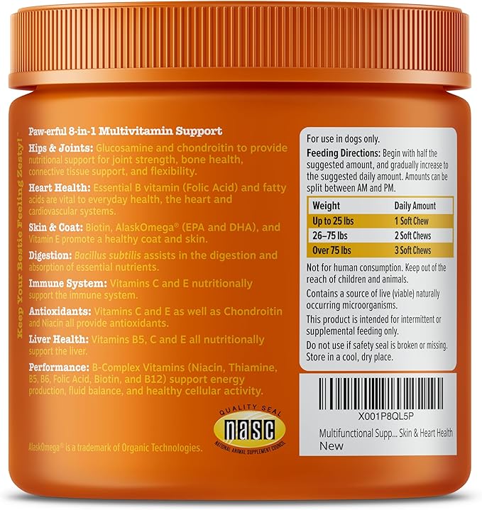 Zesty Paws Multivitamin Treats for Dogs, Glucosamine Chondroitin Joint Support + Digestive Enzymes & Probiotics, Grain Free Dog Vitamins and Supplements for Skin & Coat, Peanut Butter - 90ct