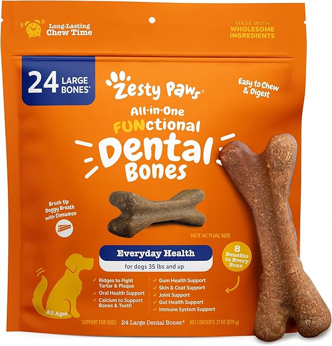 Zesty Paws Dental Bones - Fights Tartar & Plaque - Gum, Teeth & Bone Health - Cinnamon for Dog Breath - Immune, Joint, Gut, Skin & Coat Support - Omega 3 EPA & DHA and Calcium - Large Dogs - 24 ct…