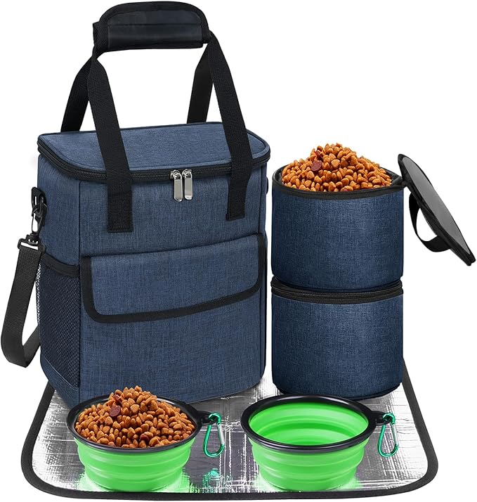 Dog Travel Bag, Weekend Dog Travel Accessories for Camping, Pet Travel Bags with 2 Collapsible Dog Bowls, 2 Travel Dog Food Container, 1 Waterproof Pet Feeding Mat - S, Tibetan Blue