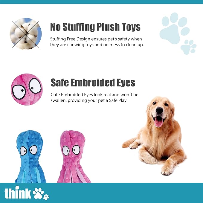 Think Pets Crinkle Squeaky Plush Octopus Toys for Playing & Training Purposes. Entertain Your Dog/Cat with These Plushie Stuffing-Free Interactive Toys, a Perfect Blend of Fun & Functionality