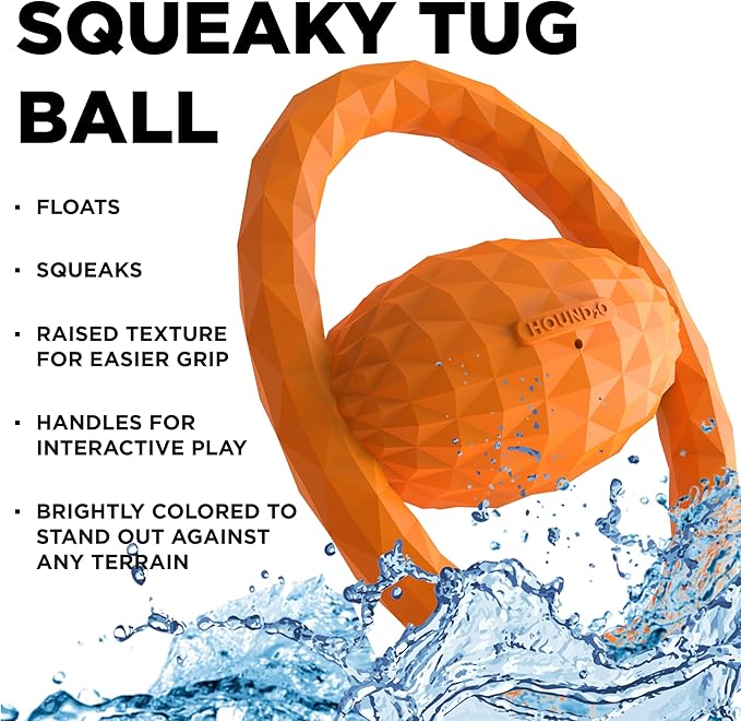 Hound2O Outdoor Dog Toys - Tug Ball, Orange - Tough, Engaging, & Interactive Chew Toys - Chew, Chase, & Fetch - Durable Materials That Float - Easy to Clean for Outdoor Play - Non-Toxic Materials