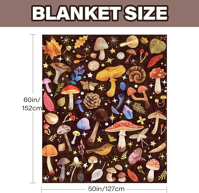 Mushroom Blanket Gifts for Women, Funny Mushroom Gifts, Mushrooms Throw Blanket for Sofa Couch, Ideal Mushrooms Themed Gift, 60"x50"