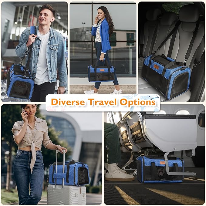 PETUX TSA Approved Pet Carrier in Cabin, 17"x11"x9.5" Soft Cat Carriers for Small Cats and Dogs Up to 15 LB, Top-Open Portable Pet Carrier Airline Approved with Litter Box and Anti-Scratch Mesh, Blue