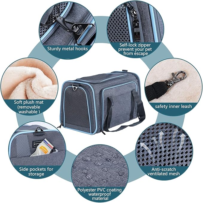 Petsfit Expandable Cat Carrier Dog Carriers,Airline Approved Soft-Sided Portable Pet Travel Washable Carrier for Kittens,Puppies,Removable Soft Plush mat and Pockets,Locking Safety Zippers