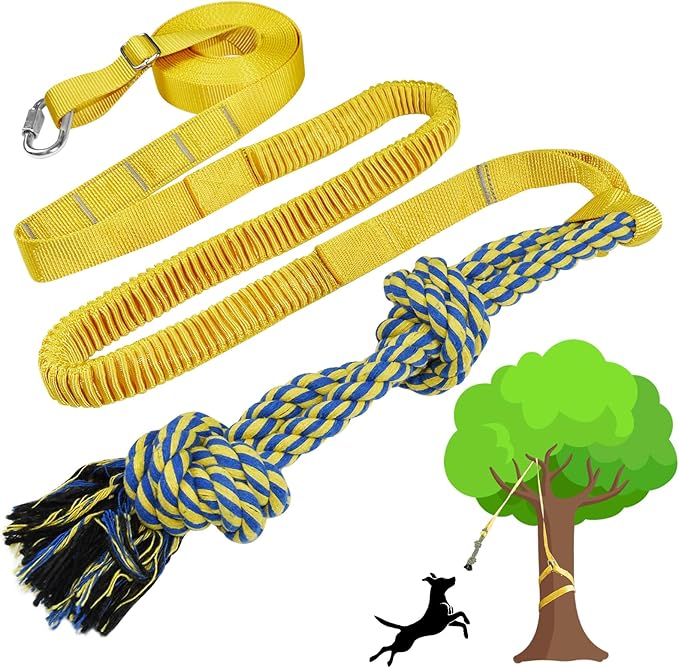 Dog Bungee Tug Toy Hanging from Tree,Outdoor Tether Tug of War Interactive Dog Rope with Chew Lure for Small Medium Large Dogs (Yellow)