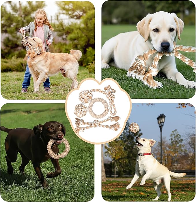 PetiFine Dog Rope Toys for Large Medium Dogs, 4 Pack Tough Chew Toys for Aggressive Chewers, Interactive Rope Ball Natural Cotton, Dog Tug of War Toy for Teeth Cleaning