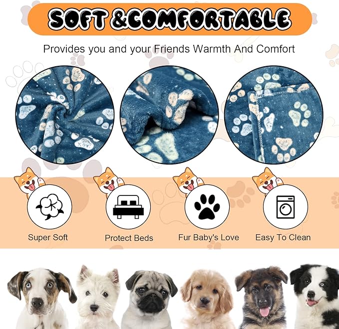 1 Pack 3 Premium Fleece Blankets for Large and Medium Dogs - Super Soft Fluffy Pet Throw for Puppies and Cats, Navy Blue Paw Blanket (41x31 Inch)