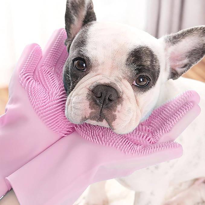 Pet Grooming Gloves,Heat-Resistant Silicone Gloves with High-Density Teeth for Enhanced Massaging and Bathing of Dogs and Cats (Pink, 2 Pair)
