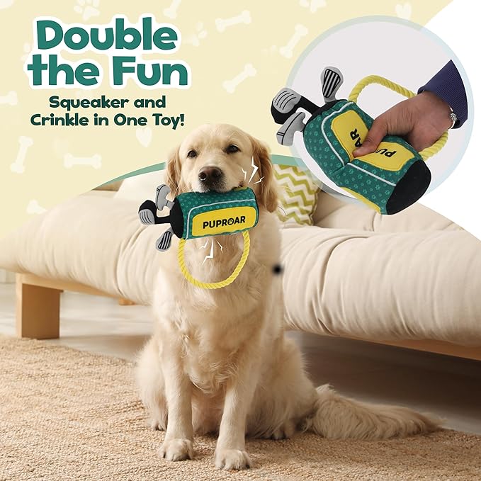 Golf Dog Toy – Funny Dog Toy with Squeaker, Crinkle & Rope – Plush Golf Club Bag for Puppies, Cute Birthday Gifts