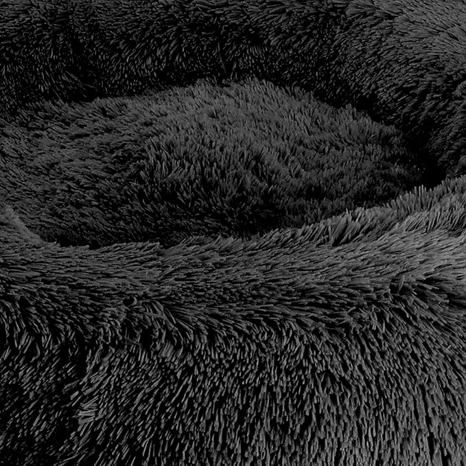 Arlee Donut Round Pet Dog Bed - Memory Foam - Calming Reduce Anxiety - Shaggy Vegan Fur - Assembled USA, Black