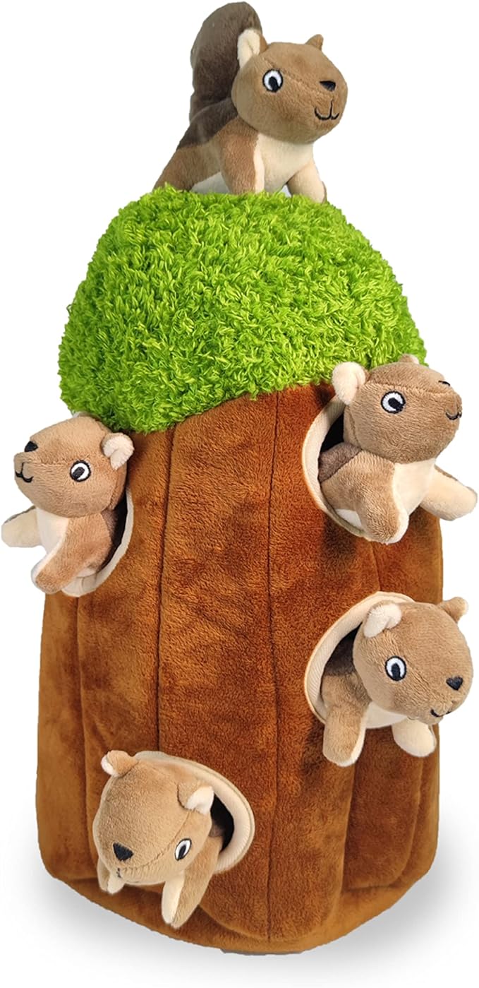 Squirrel in Tree Hide and Seek Toy for Small and Medium Size Dogs, Plush Squirrel Inside Trunk With Squeaker, Interactive Burrow (Tree With Squirrels, Large)