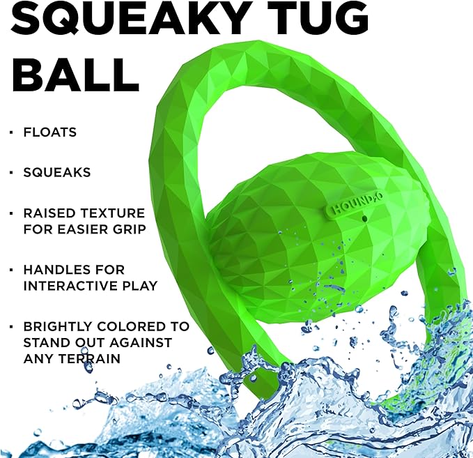Hound2O Outdoor Dog Toys - Squeaky Tug Ball, Green - Tough, Engaging, Interactive Chew Toys - Chew, Chase, & Fetch - Durable Materials That Float - Easy to Clean for Outdoor Play - Non-Toxic Materials