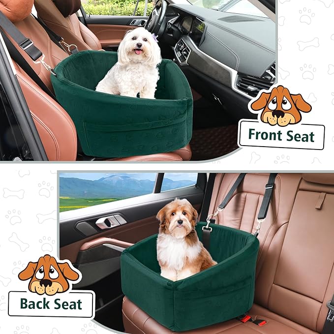Dog Car Seat for Small Medium Dogs,Detachable Washable Dog Booster Seat Under 30lbs, Pet Car Seats Travel Bed with Storage Pockets and Safety Belt(Green)