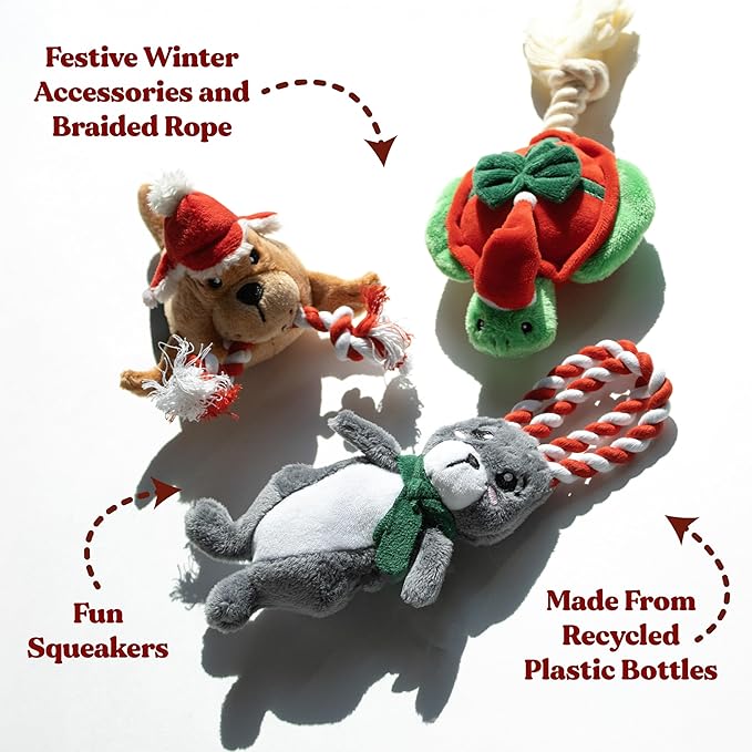 Holiday Collection Dog Toys | Small Sized Santa Walrus, Winter Hare, & Festive Turtle | Cute, Durable, & Sustainable Plush Chew Toys for Dogs | Christmas Stocking Stuffer Gift