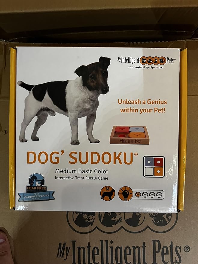 Interactive Sudoku Puzzle for Small Dogs and Cats - Basic Brain Pet Toy - 4 Treat-Hiding Holes, Medium Wood and Plastic Design