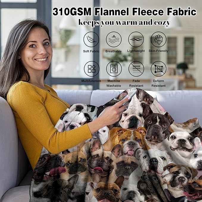 Bulldog Blanket,Bulldog Gifts for Dog Lovers,Bulldog Flannel Blanket Throws for Dog Mom Dad,Soft Warm Blankets for Sofa Bed Home Decor,Gifts for Adult Men Women Halloween Christmas,60"x80"