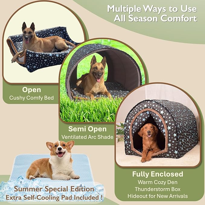 TU'ERYE Dog House Bed for Large Size Dogs with Self Cooling Pad 2XL