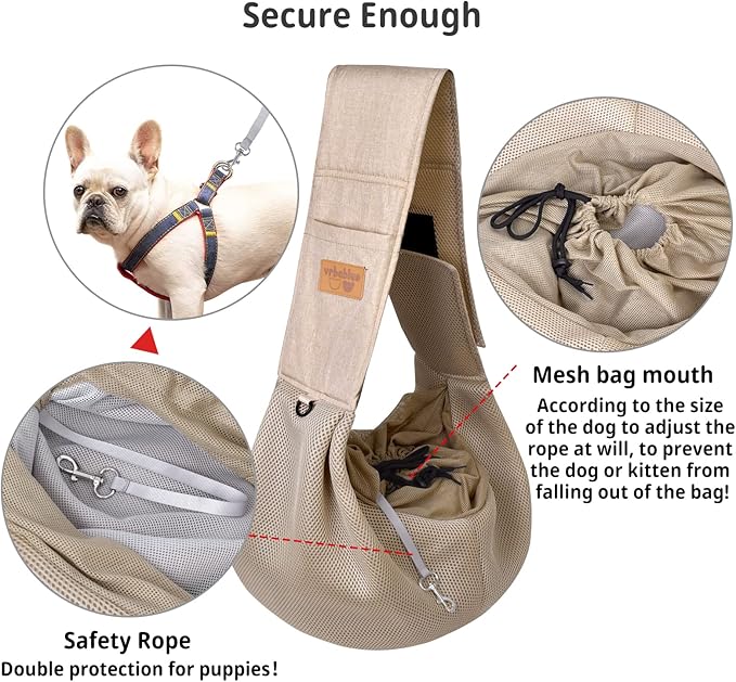 Dog Sling, Breathable Mesh Dog Sling Carrier, Adjustable Strap Dog Carrier Sling, Dog Carrier Bag with Pocket, Hands Free Dog Carriers for Travel Outdoor(Beige-L)
